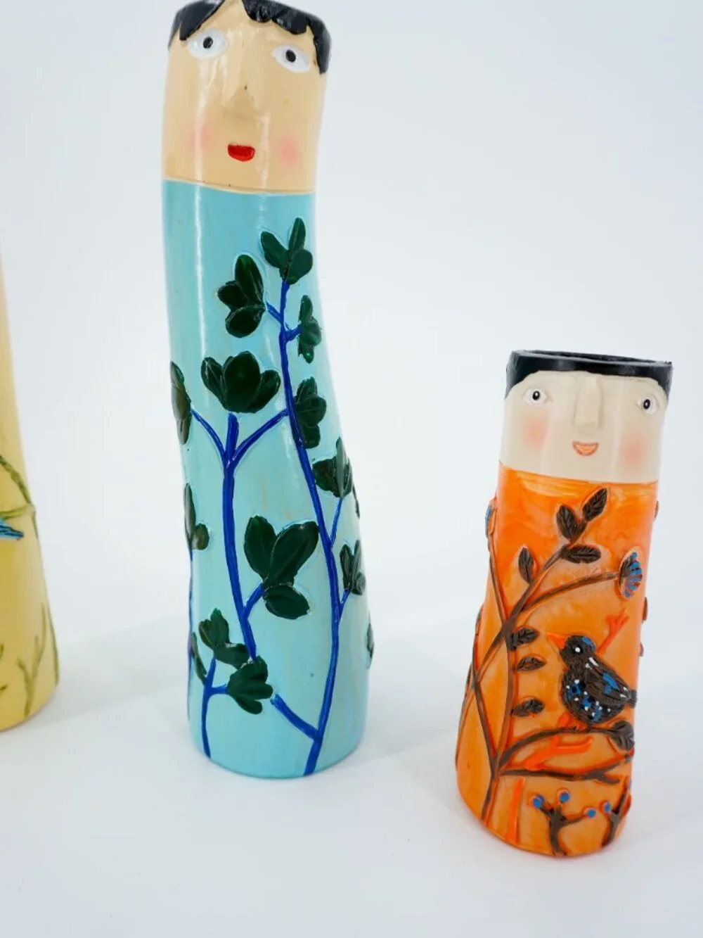 Set of 3 Hand Painted Ceramic Face Cylinder Vases, Women Floral Bird Decor